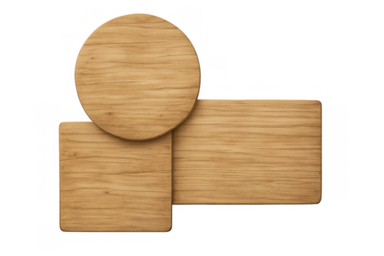 Wooden signboards set, circular, square and rectangular shapes, rustic texture for presentation mockup on transparency