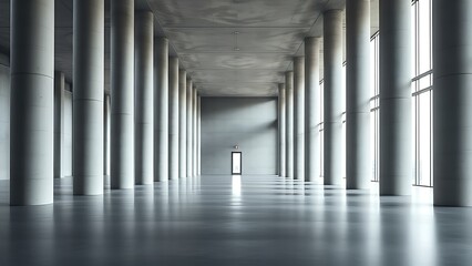 Vast architectural space with smooth concrete columns and diffused natural light, symmetrical and minimalist.