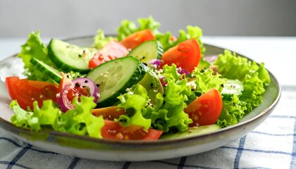 Colorful salad with lettuce, tomatoes, cucumber, and red onion on a plate resting on a blue & white cloth