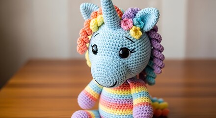 Adorable crocheted unicorn toy with rainbow details sitting on wood