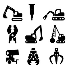 Construction equipment silhouette icon set. featuring excavator, jackhammer, crane, claw, bulldozer, and drill symbols