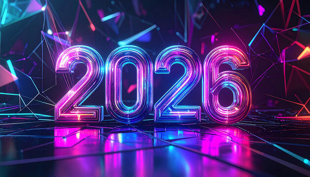 Holographic 2026 with Low‑Poly Prism Background