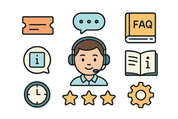 Customer service support icons featuring agent headset FAQ book and rating stars