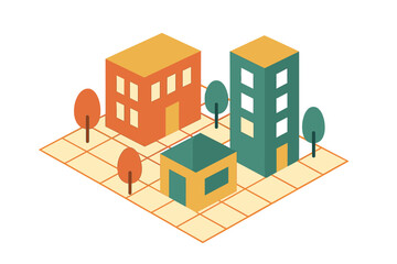Isometric view of colorful residential and commercial buildings with trees on a grid layout
