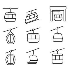 Cable car linear icon set. featuring gondola, lift, transport, ropeway, cableway, aerial tramway, ski lift designs