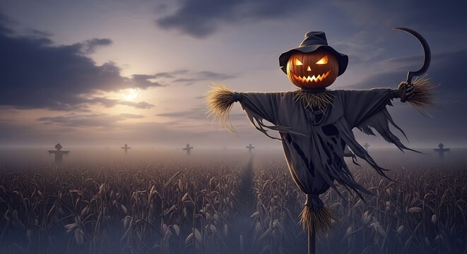 Spooky scarecrow with pumpkin head in a foggy cornfield at night - Powered by Adobe