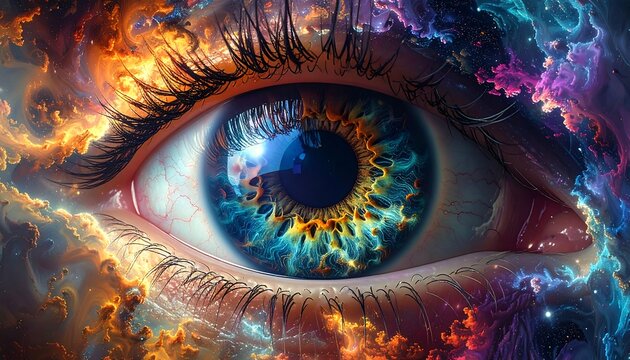 Close-up of a large eye filled with cosmic, colorful swirling nebulas and cloud-like formations