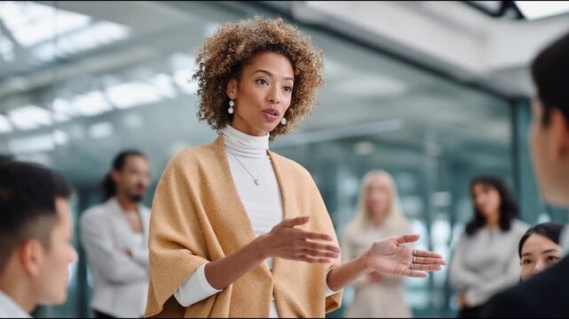 Confident female leader giving an inspiring talk to her team in a modern office environment, promoting leadership, communication, and teamwork