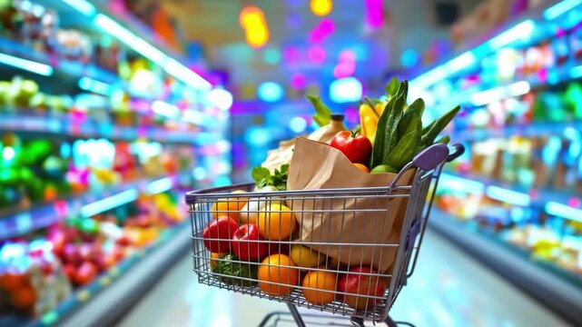 Colorful grocery store aisle with shopping cart full of fresh fruits and vegetables