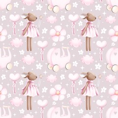 Cute Baby Girl Seamless Pattern. Deer Doll, Stroller, and Pastel Elements Background.