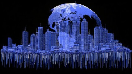 Abstract digital depiction of a cityscape with a blue hued earth globe overlay - Powered by Adobe