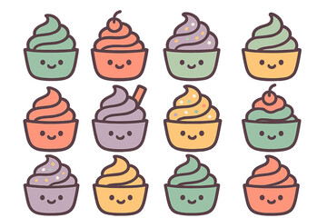 Seamless pattern of adorable pastel dessert cups featuring soft serve and happy kawaii faces