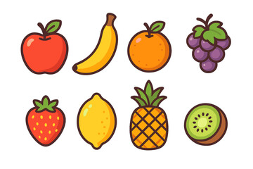 Colorful cartoon fruit set featuring apple banana orange grapes strawberry lemon pineapple and kiwi
