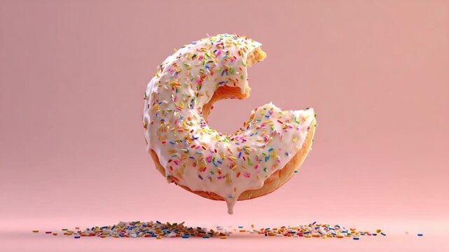 Close up of a partially eaten glazed donut with colorful sprinkles against a pink backdrop