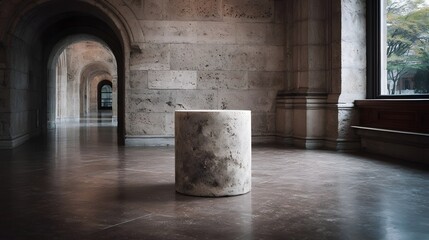 A stone cylindrical pedestal stands in a grand arched museum hallway with ambient light