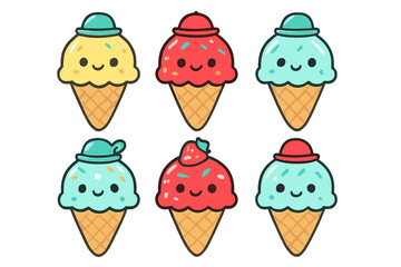 Six cute cartoon ice cream cones with colorful scoops, sprinkles, and small hats