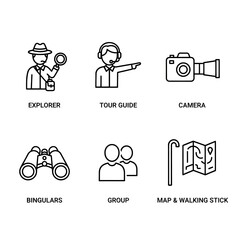 Icons of explorer, tour guide, binoculars, camera, and map  