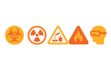 Essential safety and hazard warning symbols including biohazard, radiation, corrosive, fire, and protective eyewear