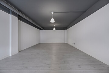 Caverous basement room with high, soffit ceilings and built-in niches, ideal for a complete renovation project