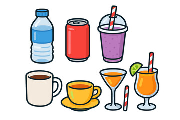Collection of common beverages including bottled water, soda, smoothie, hot coffee, tea, and cocktail glasses