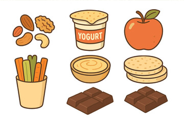 Assortment of popular snack foods: fresh fruit, nuts, dairy, vegetables, crackers, and chocolate