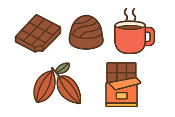 Chocolate bar, truffle candy, hot cocoa drink, and raw cocoa pods set