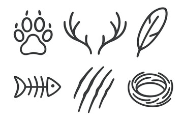Wildlife and Nature elements including Paw Print, Antlers, Feather, Fish Skeleton, Claw Marks, and Bird Nest