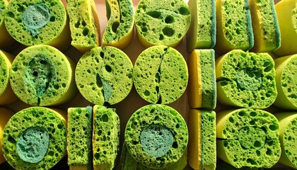Close-up rows of green-yellow sponges with circular openings and irregular cuts create a textured, porous pattern