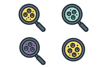 Magnifying glass examining smiling bacteria and microbes in a petri dish icon set