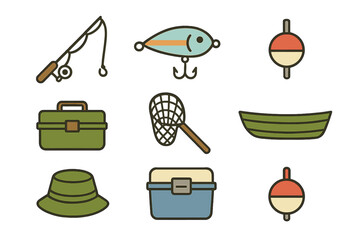 Essential fishing gear featuring rod, lure, bobber, tackle box, landing net, and small boat