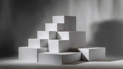 A stepped arrangement of white geometric cubes in a studio setup creating a minimalist and abstract display with dramatic lighting and shadows