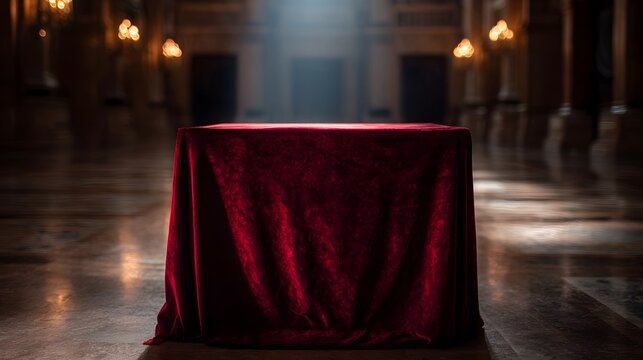 A dramatic spotlight illuminates a red velvet covered podium in an opulent grand hall