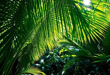 Obraz premium Lush green palm fronds, sunlight dappling jungle floor, vibrant, lush