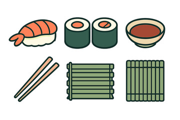 Traditional Japanese sushi food items including nigiri, maki rolls, and soy sauce © Andrei
