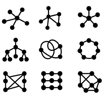 Network connections silhouette icon set. featuring nodes, graphs, hierarchy, lattice, and loops