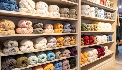 Colorful skeins of yarn neatly organized on shelves in a well-lit shop. A variety of hues and textures fill the space