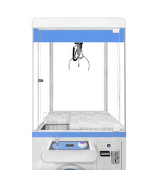 Close up empty white and blue claw machine isolated on white