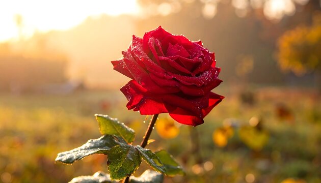 Dew-kissed red rose blooms in golden light against a soft, blurred autumnal background - Powered by Adobe