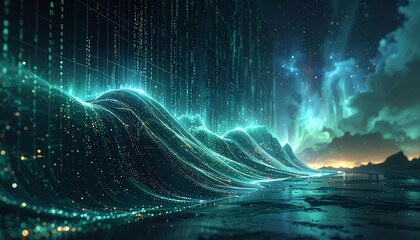 Data landscape with digital rain cascading over wavy terrain with luminous clouds in a futuristic, abstract scene