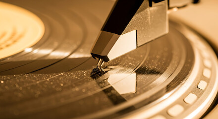Close up of a record player needle on a spinning vinyl record disc