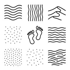 Texture pattern linear icon set. featuring waves, dots, stripes, footprints, and hand symbols