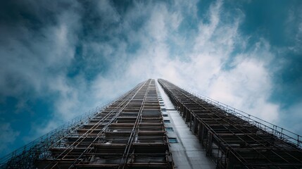 A dramatic low angle view of a skyscraper undergoing construction covered in extensive scaffolding set against a vibrant blue sky filled with