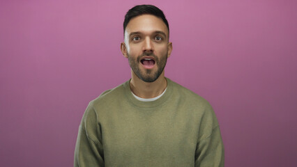 Young man with surprised expression against pink background wearing green sweater