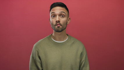 Obraz premium Young hispanic man making a funny face against a vivid red background wearing a casual green sweater, expressing playfulness and humor in a creative portrait setting.