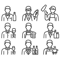 Bartender linear icon set. featuring wine, cocktail, beer, shaker, apron, tasting, brewing, serving, and bottle symbols