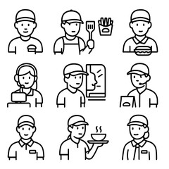 Fast food staff linear icon set. featuring cook, cashier, waiter, server, chef, and delivery symbols