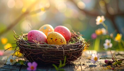 Colorful, speckled Easter eggs nestle in a rustic twig nest on a wooden surface, bathed in soft sunlight with bokeh background