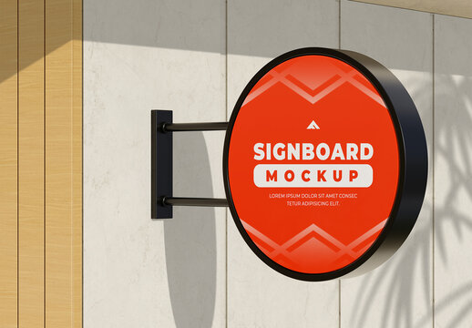 Outdoor Circular Hanging Signboard Mockup on a Building Facade