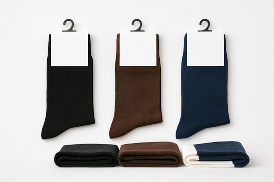 set of socks mockup with hanger and blank packaging label