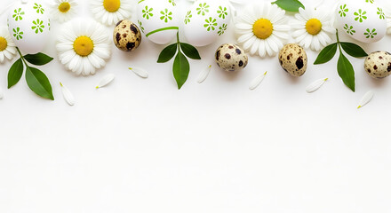 Easter eggs and daisies arranged on a white background overhead view